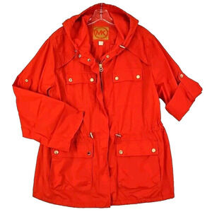 Michael Kors Woman Size L~ Orange Full Zip/Snap Cotton Hood Windbreaker Unlined.